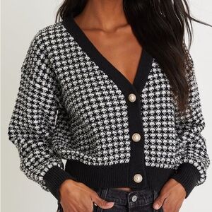 Lulu's Black and White Cardigan with Bold Geometric Pattern
